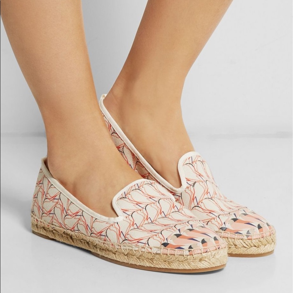 FENDI Logo Leather Toe Canvas Espadrilles, sz 41